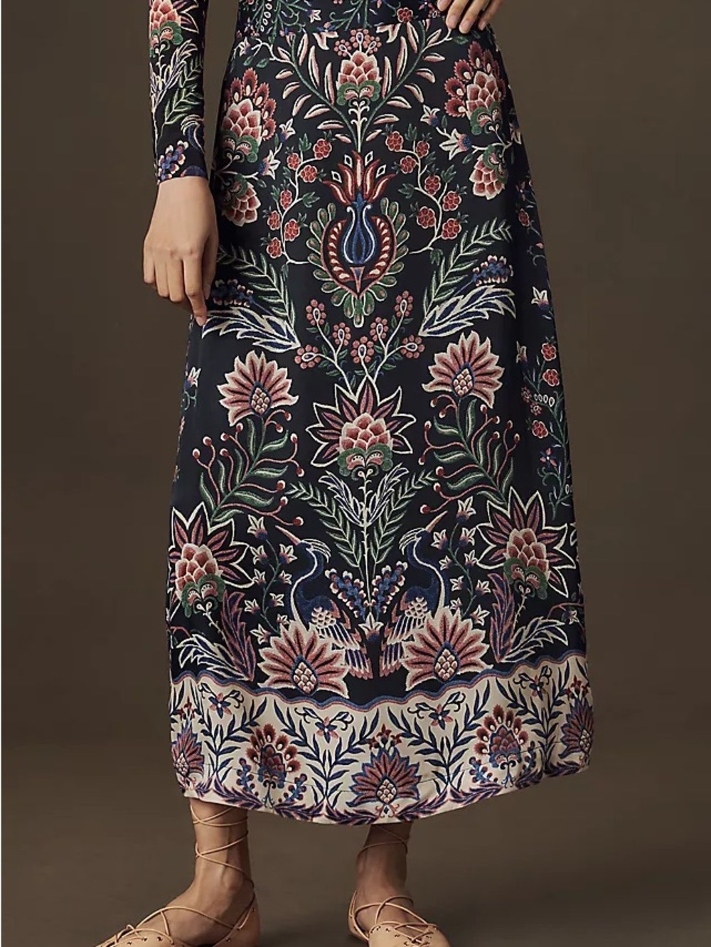 Farm Rio Rio Garden Midi Skirt Small Black Floral Bird Print High Waist A-Line
